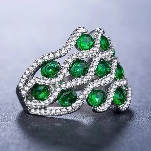 🍂 925 Silver Plated Stylish Green Cubic Zirconia Diamond Ring, FB16FA1102 - Picture 3 of 3